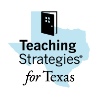 Teaching Strategies for Texas Logo - a black icon of an open door, overlayed over a light blue state of texas shape